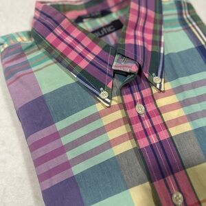 Nautica Pink and Purple Casual Button Down Shirt Vibrant Plaid Design